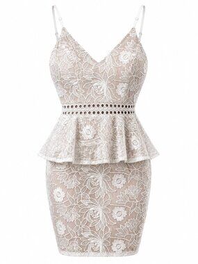 Shop17 White Nude Floral Lace Peplum Mini Dress Size S